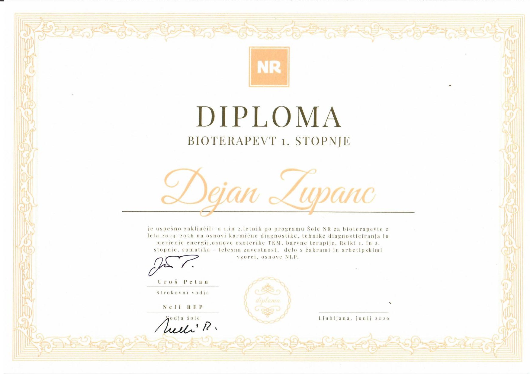 Diploma — Bioterapevt 1. stopnje
