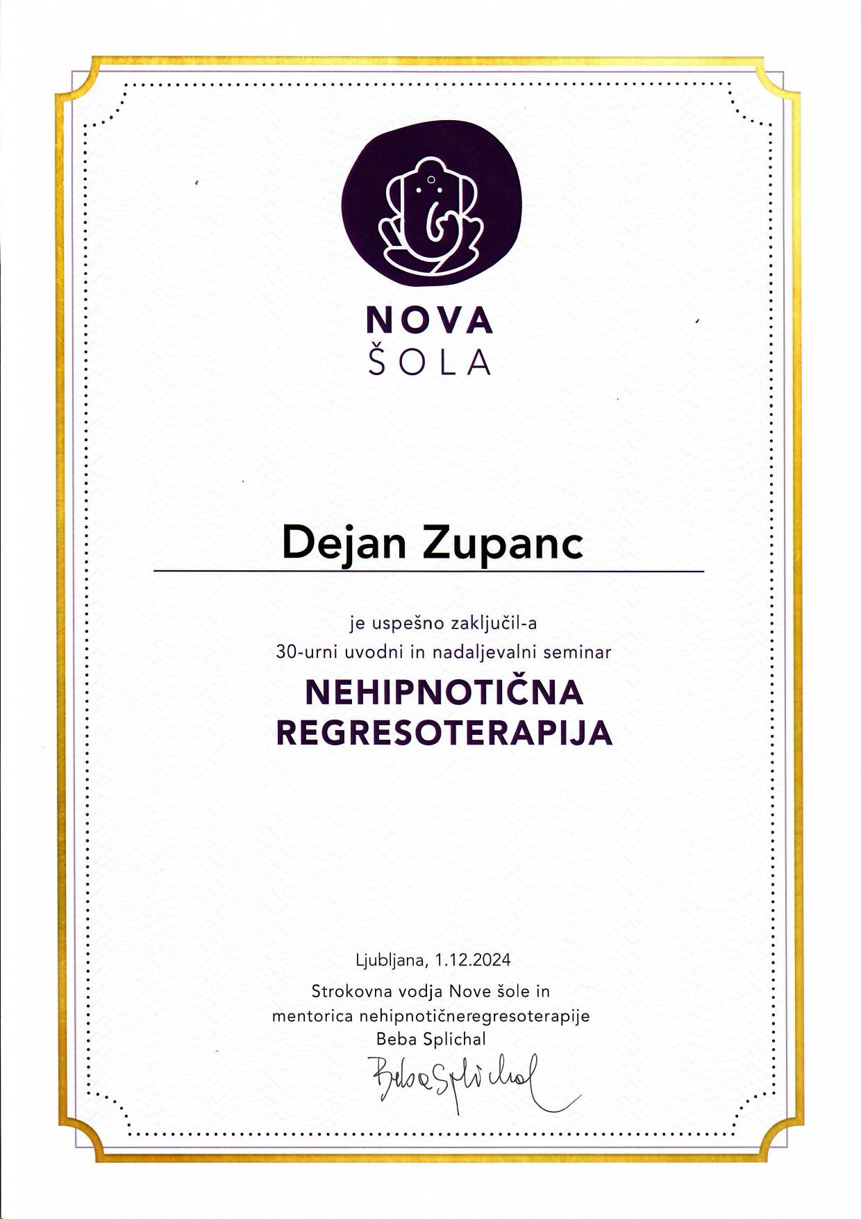 Diploma — Nehipnotična regresoterapija